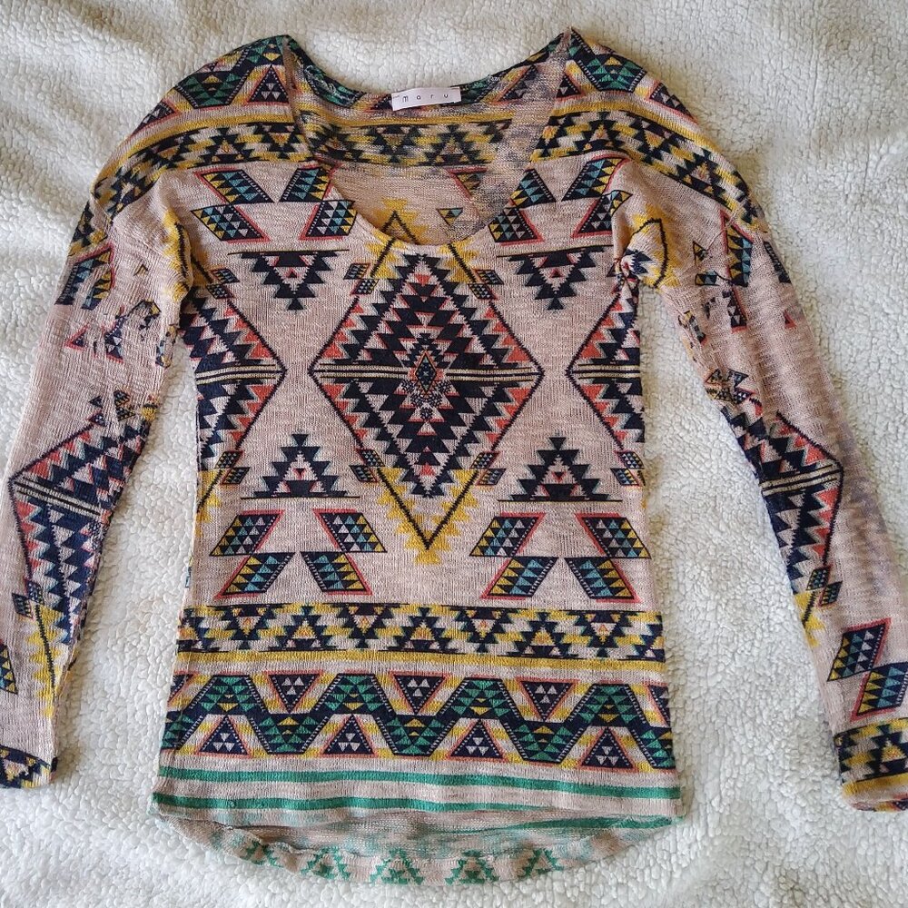 Vintage Boutique Maru Long Sleeve Mesh See Through Aztec Western Blouse Medium